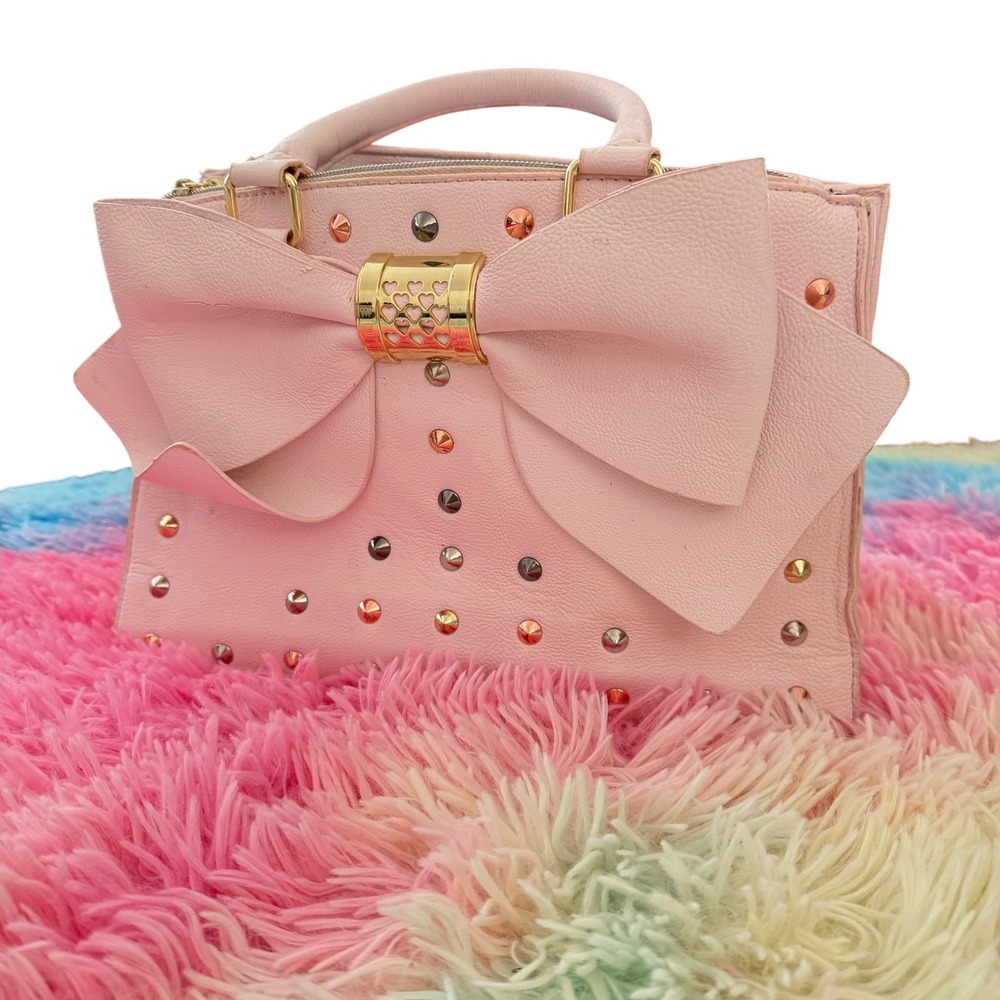 Betsey Johnson Satchel Womens OS Pink Good Studded Bow Faux Leather Handbag